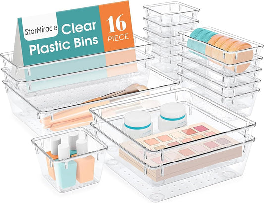 16 PCS Drawer Organizer Set, 5 Varied Size Bathroom and Kitchen Drawer Cabinet Organizer Trays, Clear Storage Bins for Makeup, Jewelry, Utensils and Gadgets